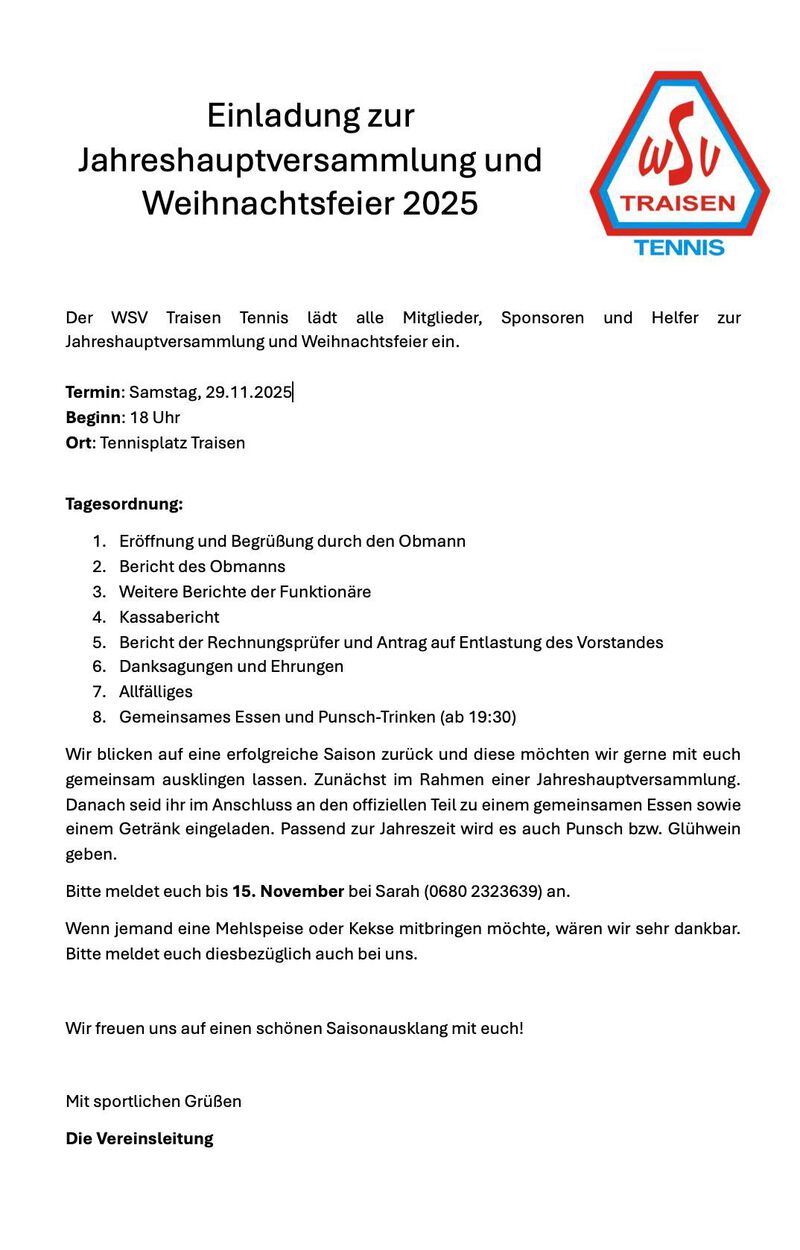 Jahreshauptversammlung und Weihnachtsfeier am 29.11.25